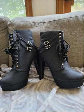 Goth Punk Black Platform Ankle Boots Lace Up Buckle High 5.5" Heel 11/11.5